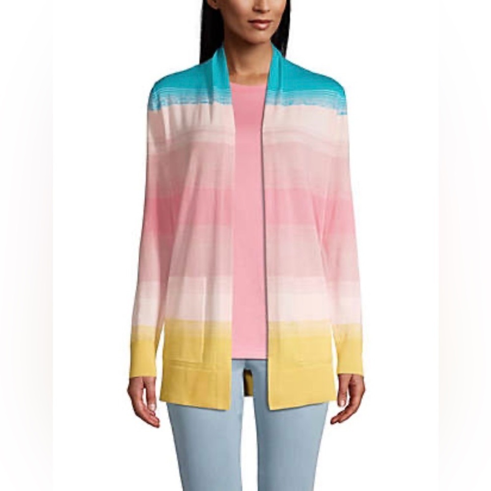 Lands' End Women's Blue Pink Yellow Open Cardigan PETITE Large Pockets